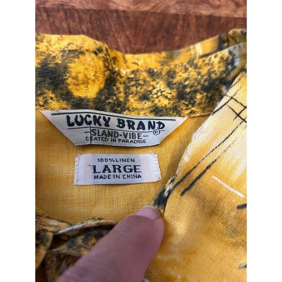 Lucky Brand Linen Button Up Shirt Mens L Yellow Island Vibe Short Sleeve Hut - Picture 5 of 11